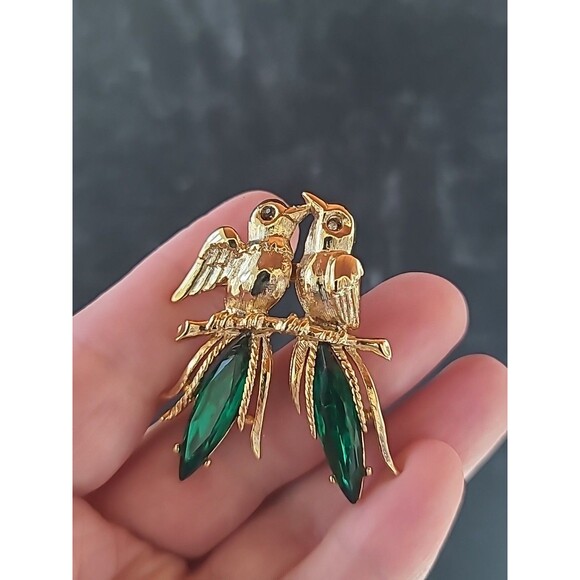 Two Birds Rhinestone Gold Tone Metal Brooch Vintage Costume Jewelry - Picture 3 of 10